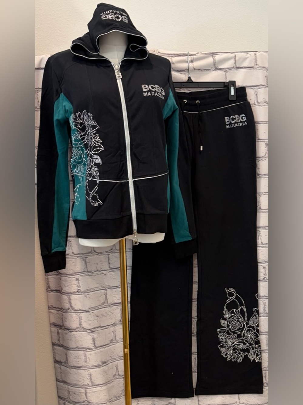 BCBG Max Azria Black & Teal Rhinestone Tracksuit